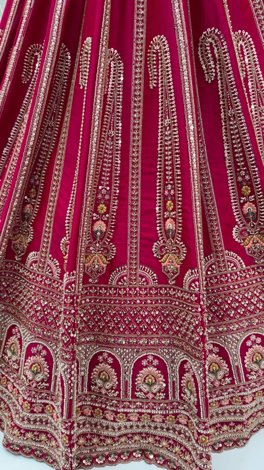 Rani-Pink Silk Floral Pattern using Beads, Golden Sequins-Thread Handwork Bridal Semi-Stitched Lehenga Choli